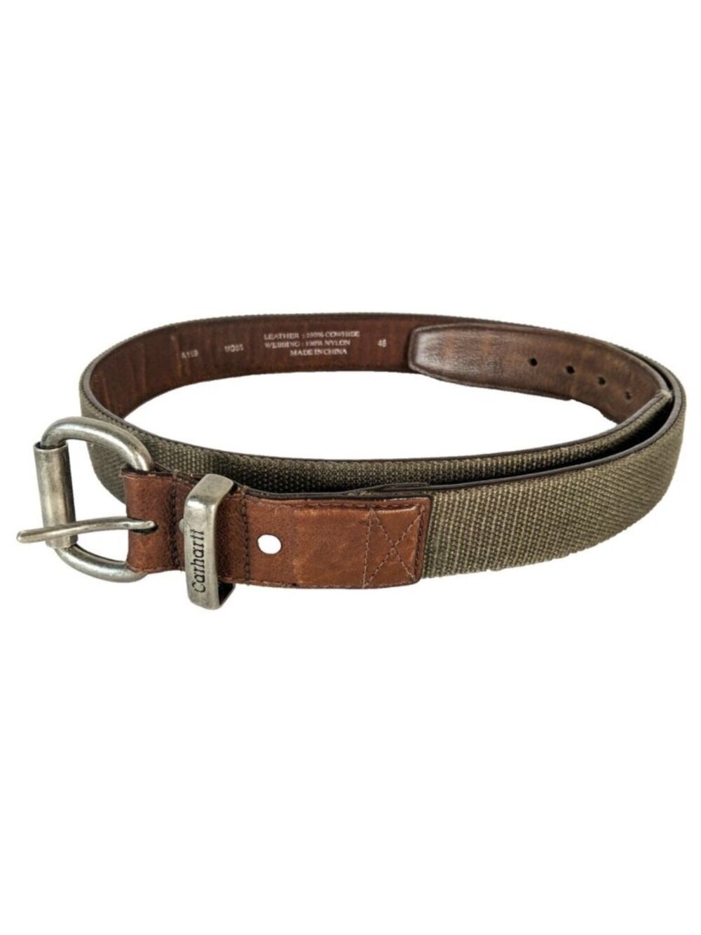 Carhartt Leather & Canvas Work Belt Silver Roller Buckle Mens